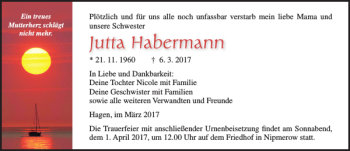 Traueranzeige von Jutta Habermann von Ostsee-Zeitung