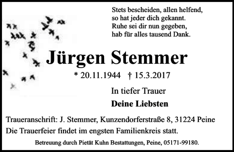  Traueranzeige für Jürgen Stemmer vom 18.03.2017 aus Peiner Allgemeine Zeitung