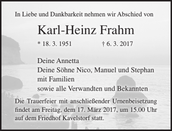Traueranzeige von Karl-Heinz Frahm von Ostsee-Zeitung