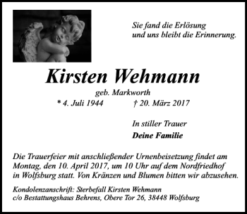 Traueranzeige von Kirsten Wehmann von Aller Zeitung / Wolfsburger Allgemeine
