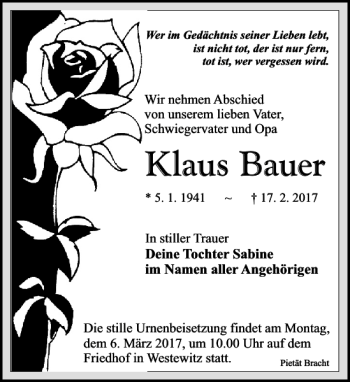 Traueranzeige von Klaus Bauer von Leipziger Volkszeitung