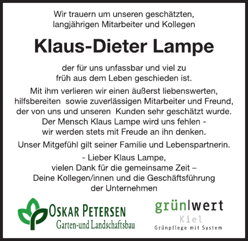  Traueranzeige für Klaus-Dieter Lampe vom 11.03.2017 aus Kieler Nachrichten / Segeberger Zeitung