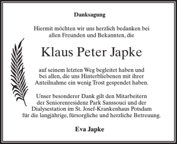 Traueranzeige von Klaus Peter Japke von MAZ-Trauer.de