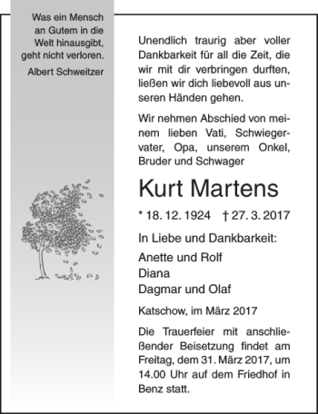 Traueranzeige von Kurt Martens von Ostsee-Zeitung