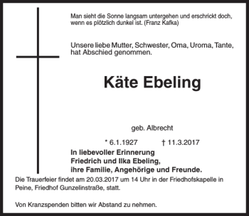Traueranzeige von Käte Ebeling von Peiner Allgemeine Zeitung