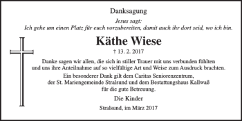 Traueranzeige von Käthe Wiese von Ostsee-Zeitung