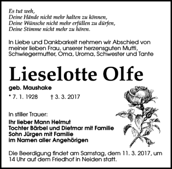 Traueranzeige von Lieselotte Olfe von Torgauer Zeitung