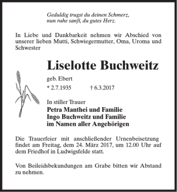 Traueranzeige von Liselotte Buchweitz von MAZ-Trauer.de