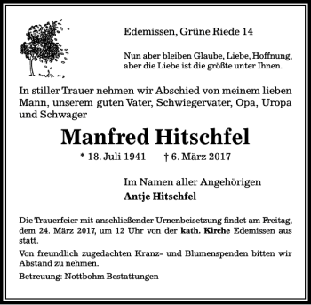 Traueranzeige von Manfred Hitschfel von Peiner Allgemeine Zeitung