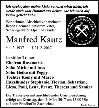 Traueranzeige von Manfred Kautz von Leipziger Volkszeitung