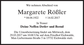 Traueranzeige von Margarete Rößler von MAZ-Trauer.de