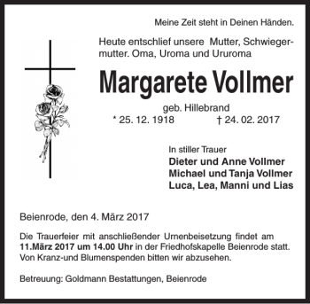 Traueranzeige von Margarete Vollmer von Göttinger Tageblatt