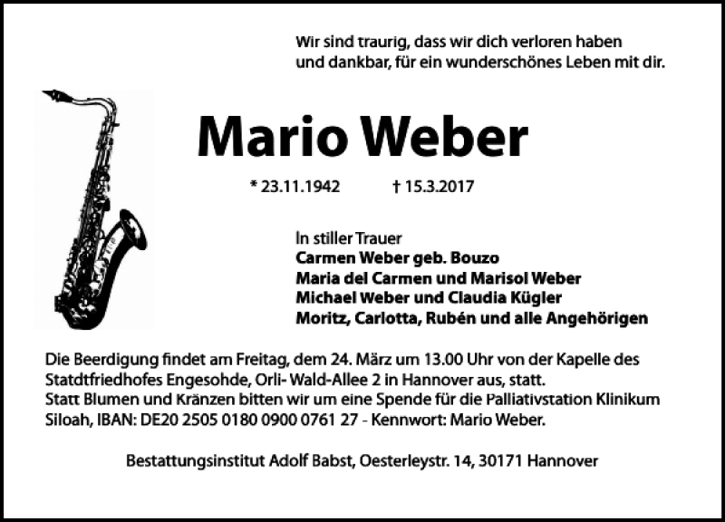  Traueranzeige für Mario Weber vom 18.03.2017 aus HAZ/NP