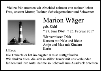 Traueranzeige von Marion Wäger von Lübecker Nachrichten