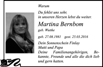 Traueranzeige von Martina Bernbom von Ostsee-Zeitung