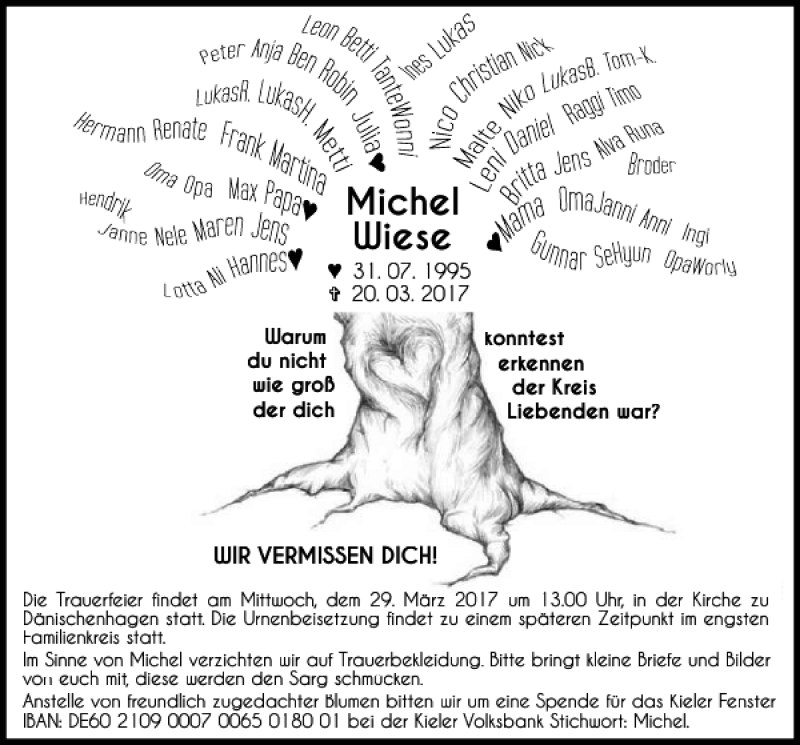  Traueranzeige für Michel Wiese vom 25.03.2017 aus Kieler Nachrichten / Segeberger Zeitung