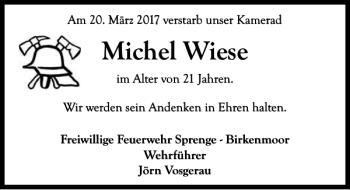 Traueranzeige von Michel Wiese von Kieler Nachrichten / Segeberger Zeitung