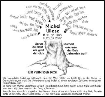 Traueranzeige von Michel Wiese von Kieler Nachrichten / Segeberger Zeitung