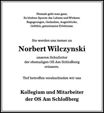Traueranzeige von Norbert Wilczynski von Peiner Allgemeine Zeitung