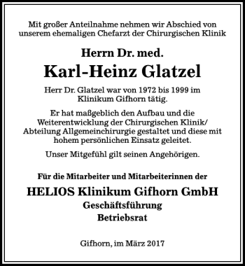 Traueranzeige von Nqachruf Dr. Glatzel von Aller Zeitung / Wolfsburger Allgemeine