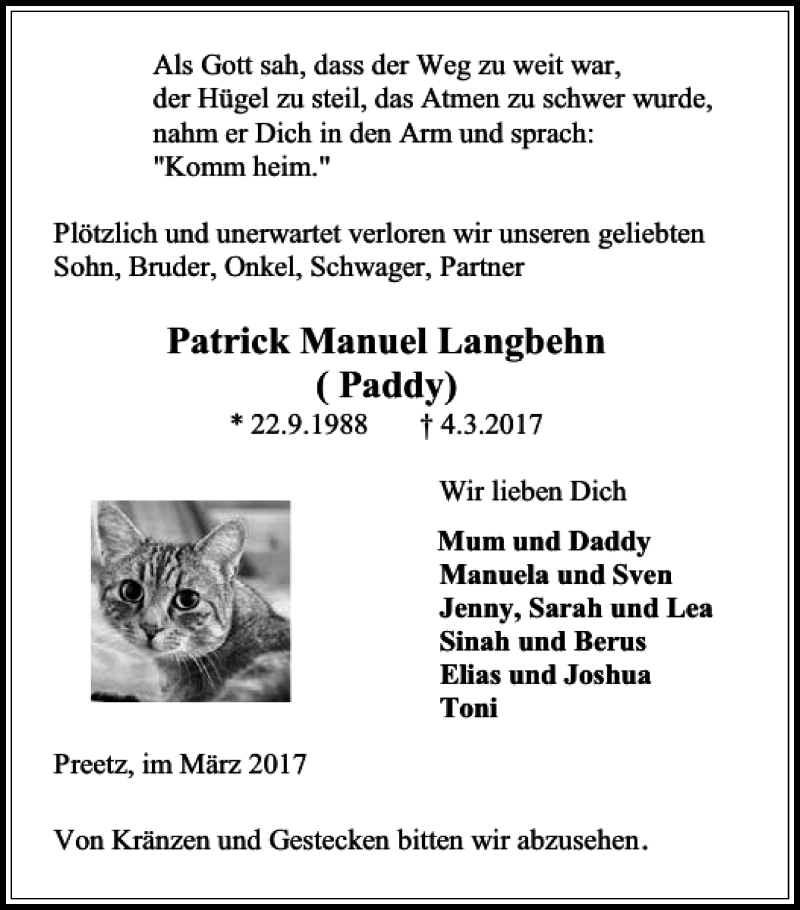  Traueranzeige für Patrick Manuel Langbehn Paddy vom 18.03.2017 aus Kieler Nachrichten / Segeberger Zeitung
