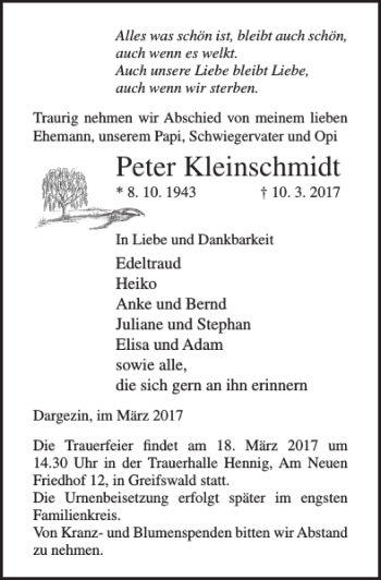 Traueranzeige von Peter Kleinschmidt von Ostsee-Zeitung