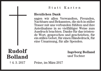 Traueranzeige von Rudolf Bolland von Peiner Allgemeine Zeitung
