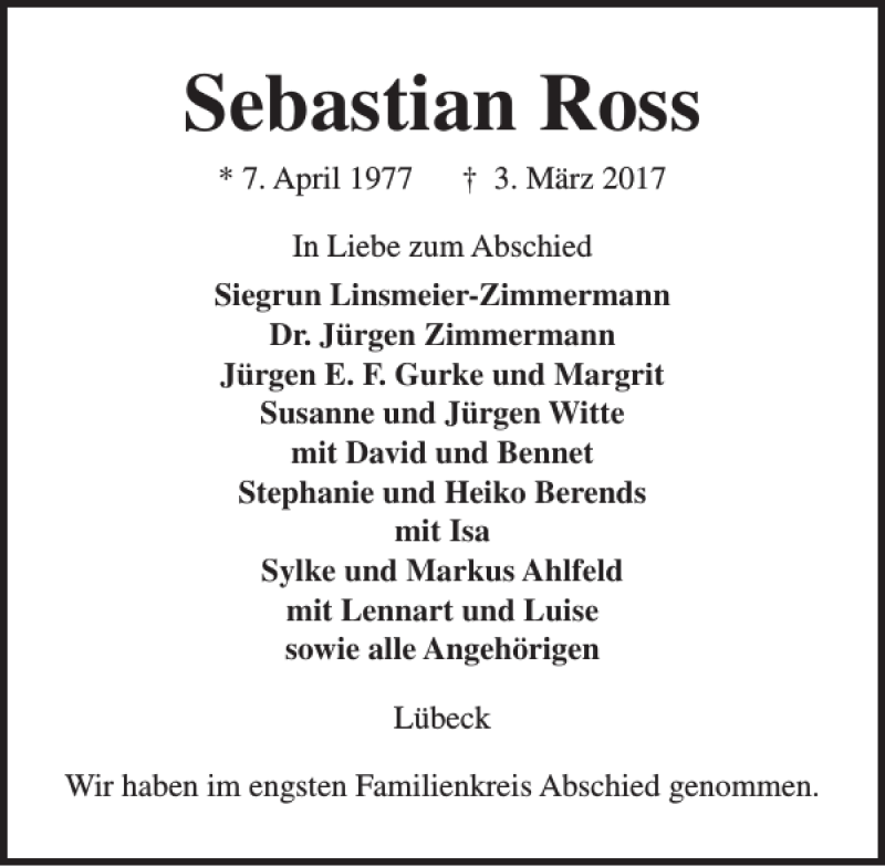  Traueranzeige für Sebastian Ross vom 12.03.2017 aus Lübecker Nachrichten
