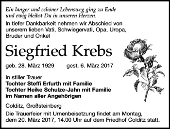 Traueranzeige von Siegfried Krebs von Leipziger Volkszeitung