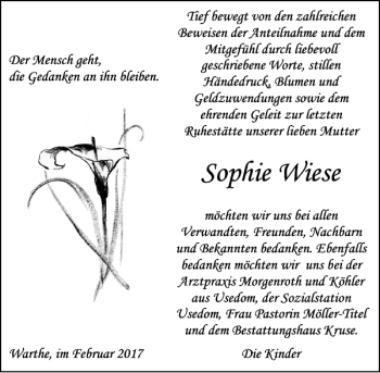 Traueranzeige von Sophie Wiese von Ostsee-Zeitung