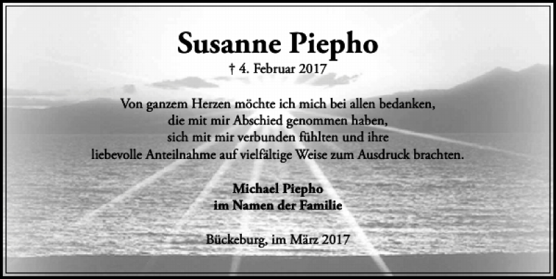  Traueranzeige für Susanne Piepho vom 11.03.2017 aus Schaumburger Nachrichten