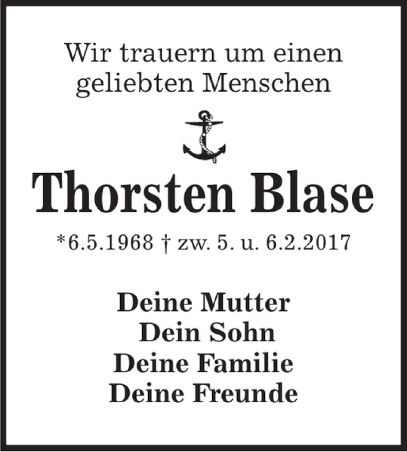  Traueranzeige für Thorsten Blase vom 11.03.2017 aus Kieler Nachrichten / Segeberger Zeitung