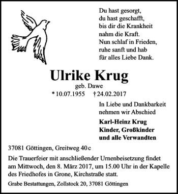Traueranzeige von Ulrike Krug von Göttinger Tageblatt