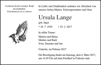 Traueranzeige von Ursula Lange von Ostsee-Zeitung
