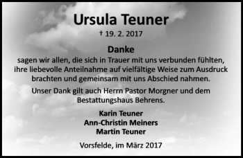 Traueranzeige von Ursula Teuner von Aller Zeitung / Wolfsburger Allgemeine