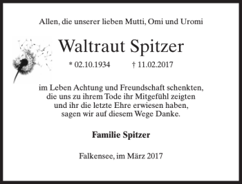 Traueranzeige von Waltraut Spitzer von MAZ-Trauer.de