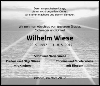 Traueranzeige von Wolhelm Wiese von Aller Zeitung / Wolfsburger Allgemeine