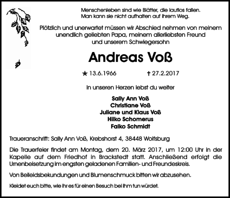  Traueranzeige für andreas Voß vom 04.03.2017 aus Aller Zeitung / Wolfsburger Allgemeine