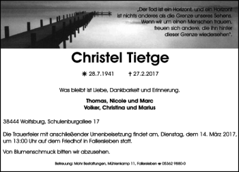 Traueranzeige von christel Tietge von Aller Zeitung / Wolfsburger Allgemeine