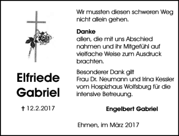 Traueranzeige von elfriede Gabriel von Aller Zeitung / Wolfsburger Allgemeine