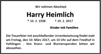 Traueranzeige von harry Heimlich von Aller Zeitung / Wolfsburger Allgemeine