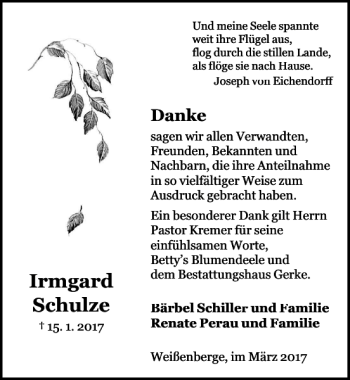 Traueranzeige von irmgard Schulze von Aller Zeitung / Wolfsburger Allgemeine