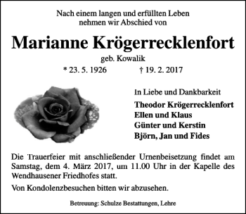 Traueranzeige von marianne Krögerrecklenfort von Aller Zeitung / Wolfsburger Allgemeine