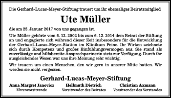 Traueranzeige von ute Müller von Peiner Allgemeine Zeitung