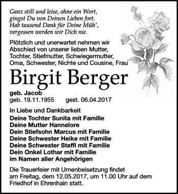 Traueranzeige von Birgit Berger von Ostsee-Zeitung