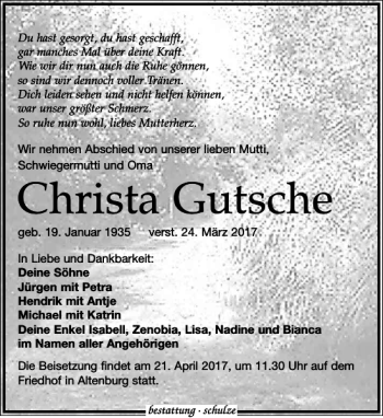 Traueranzeige von Christa Gutsche von Leipziger Volkszeitung