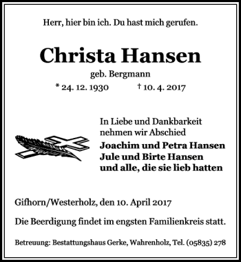 Traueranzeige von Christa Hansen von Aller Zeitung / Wolfsburger Allgemeine