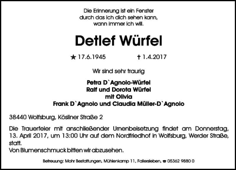  Traueranzeige für Detlef Würfel vom 08.04.2017 aus Aller Zeitung / Wolfsburger Allgemeine
