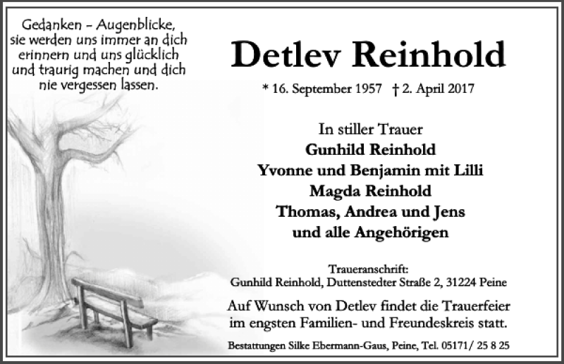  Traueranzeige für Detlev Reinhold vom 05.04.2017 aus Peiner Allgemeine Zeitung