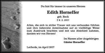 Traueranzeige von Edith Horneffer von Aller Zeitung / Wolfsburger Allgemeine